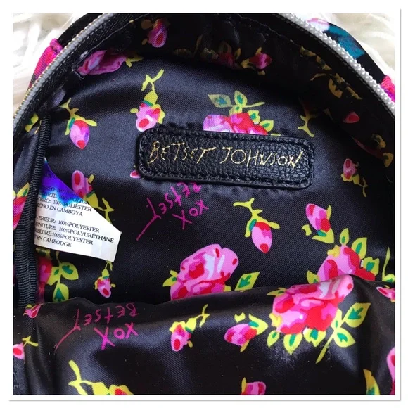 Betsey Johnson Mini Crossbody Purse Velvet Black Pink Floral Print - Picture 5 of 7